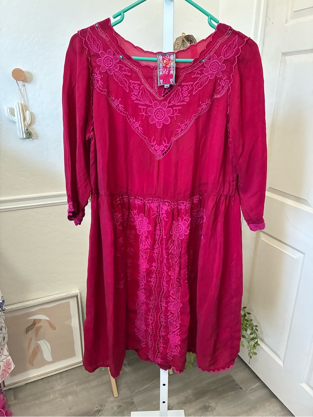 Johnny Was Fuchsia Embroidered Cotton Tunic Dress